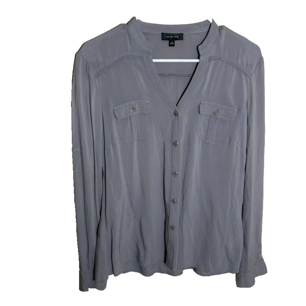 Spense Blouse Women's Medium Gray Button Up Long Sleeve Casual Sheer Top
